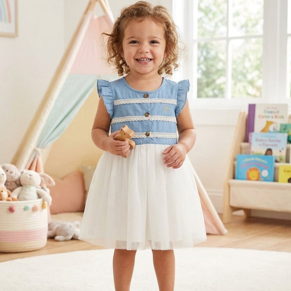 CALVIN KLEIN JEANS Toddler Blue Chambray White Tulle Dress Size 3T EUC